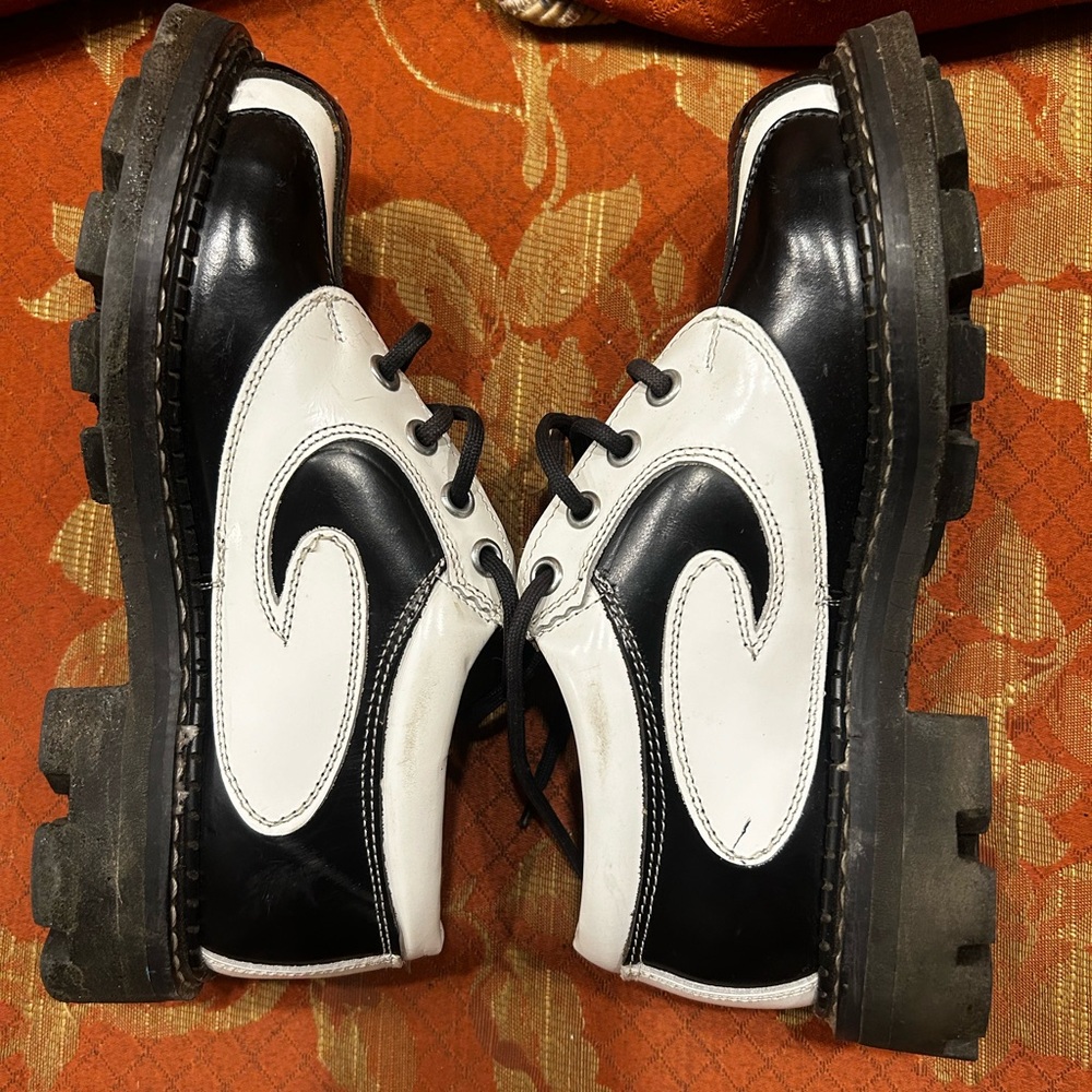 Vintage Angels 90s John Fluevogs. Black and white iconic swirl and stripes.